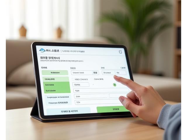 온라인 상담 예약 폼이 보이는 태블릿과 손으로 펜을 짚고 있는 모습