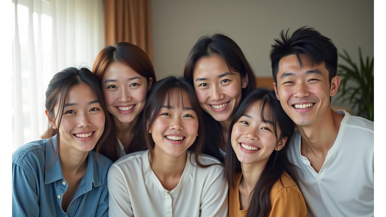 행복하게 미소 짓는 다양한 연령대의 사람들 모습