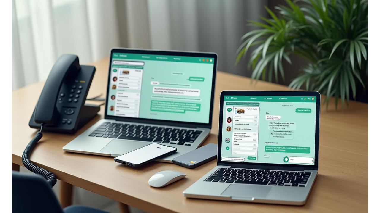 책상에 놓인 전화기와 노트북, 그리고 고객 상담 화면