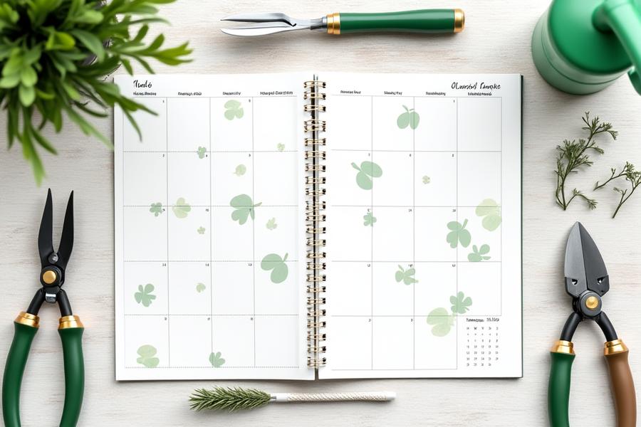 사계절 정원 관리 계획이 담긴 달력과 정원 도구