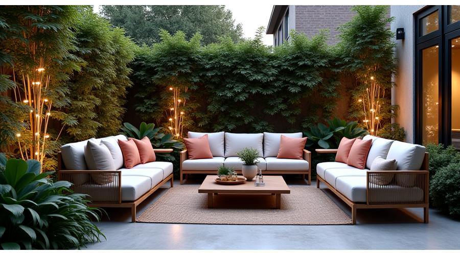 야외 정원에 아웃도어 가구와 조명이 배치된 모습