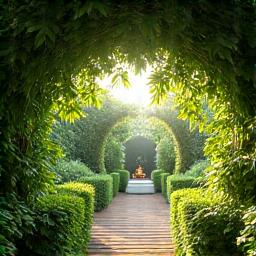 여름날 푸른 잎으로 가득하고 시원한 그늘을 제공하는 정원