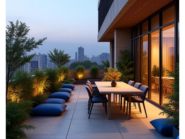 아웃도어 가구가 놓인 넓은 테라스 정원의 풍경