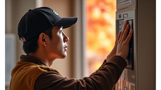 낙엽 지는 가을, 보일러실에서 난방 시스템을 점검하는 전문가.