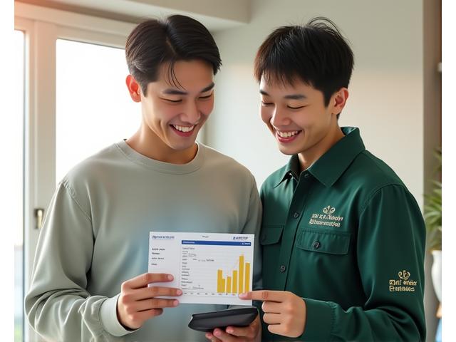 만족스러운 미소로 계산기를 들고 있는 고객과 설명을 듣고 있는 대지마루 전문가.