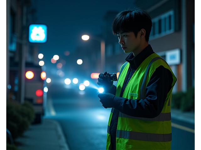 밤늦게 비상등을 들고 긴급하게 현장으로 출동하는 대지마루 기술자.