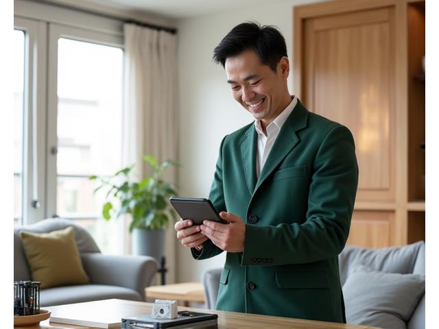 밝고 현대적인 거실에서 태블릿을 보며 미소 짓는 전문 건축 기술자, 옆에는 공구 가방. 신뢰감과 기술력을 강조.