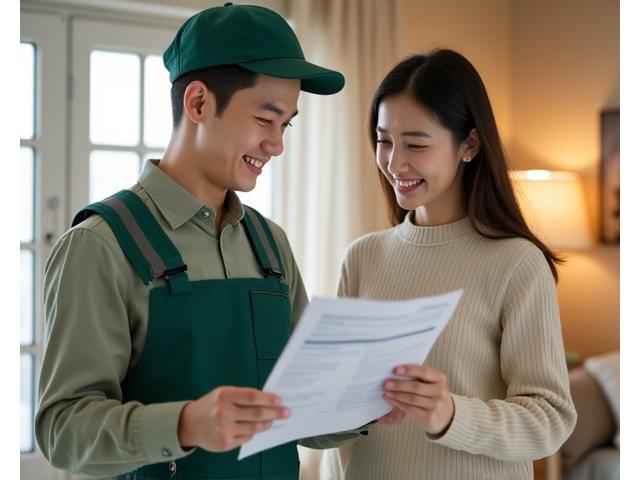 작업 완료 후 고객에게 작업 결과와 품질 보증서를 설명하는 대지마루 기술자.