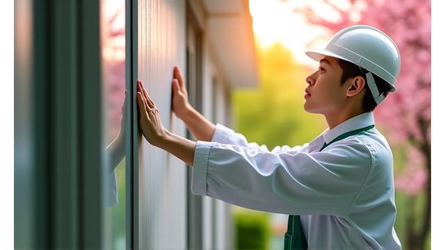 봄철 벚꽃이 핀 정원에서 집 외벽을 점검하는 전문가.