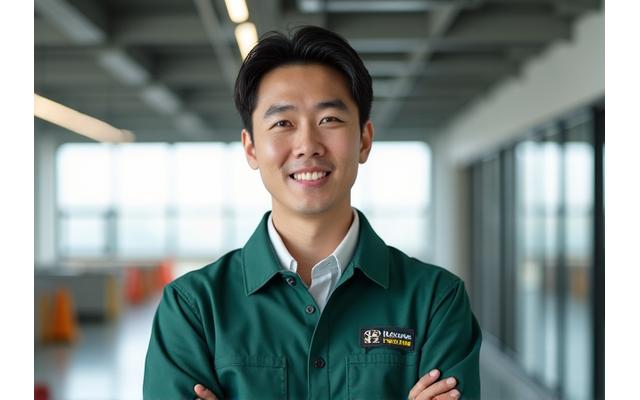 대지마루 김민준 건축시공기술자, 밝게 웃으며 유니폼을 입고 서 있는 모습.