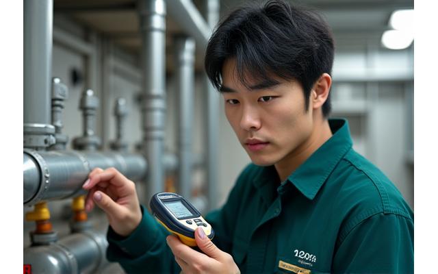 대지마루 박지훈 설비수석기사, 파이프 주변에서 누수 탐지 장비를 조작하는 모습.