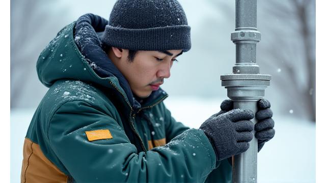 눈 내리는 겨울, 외부 수도 계량기 동파 방지 작업을 하는 전문가.