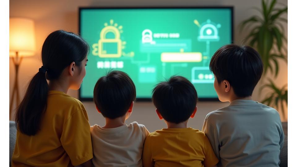 가족이 컴퓨터 화면을 보며 스마트홈 보안 교육을 받는 모습