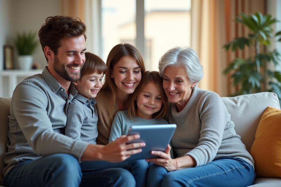가족이 스마트 태블릿으로 스마트홈 보안을 확인하는 모습