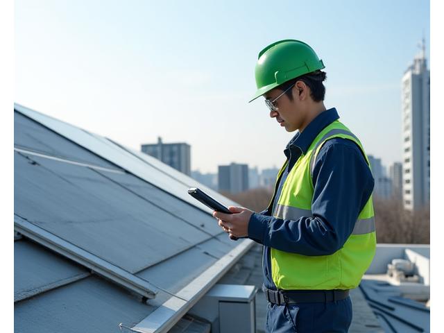 전문가가 주택 지붕에서 태양광 설치 가능성을 진단하는 모습