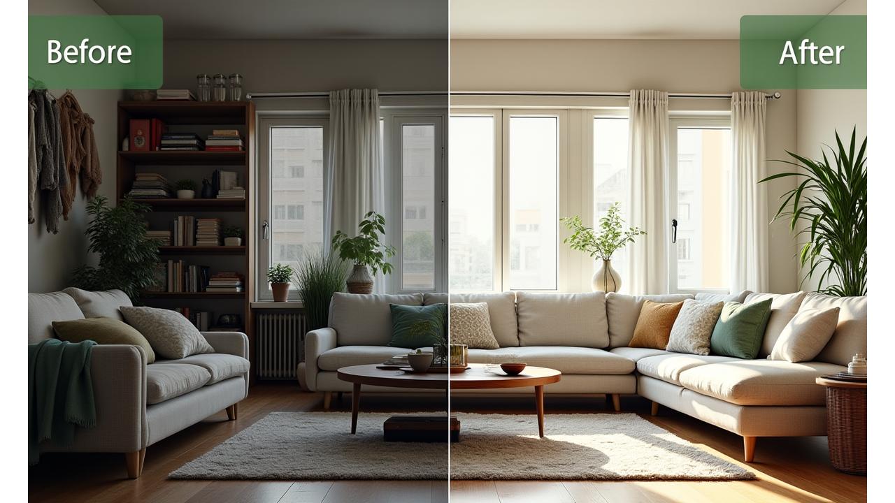 어수선한 거실이 깔끔하게 정리된 거실로 바뀐 전후 비교 이미지