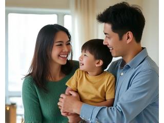 정리된 집에서 행복해하는 3인 가족