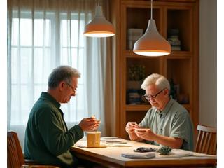 정리된 집에서 함께 취미 생활을 즐기는 은퇴 부부