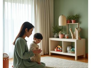 아이와 함께 깔끔한 공간에서 시간을 보내는 직장맘