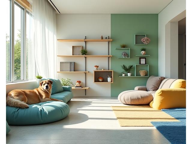 여러 반려동물이 각자의 공간에서 편안하게 쉬고 있는 넓은 거실