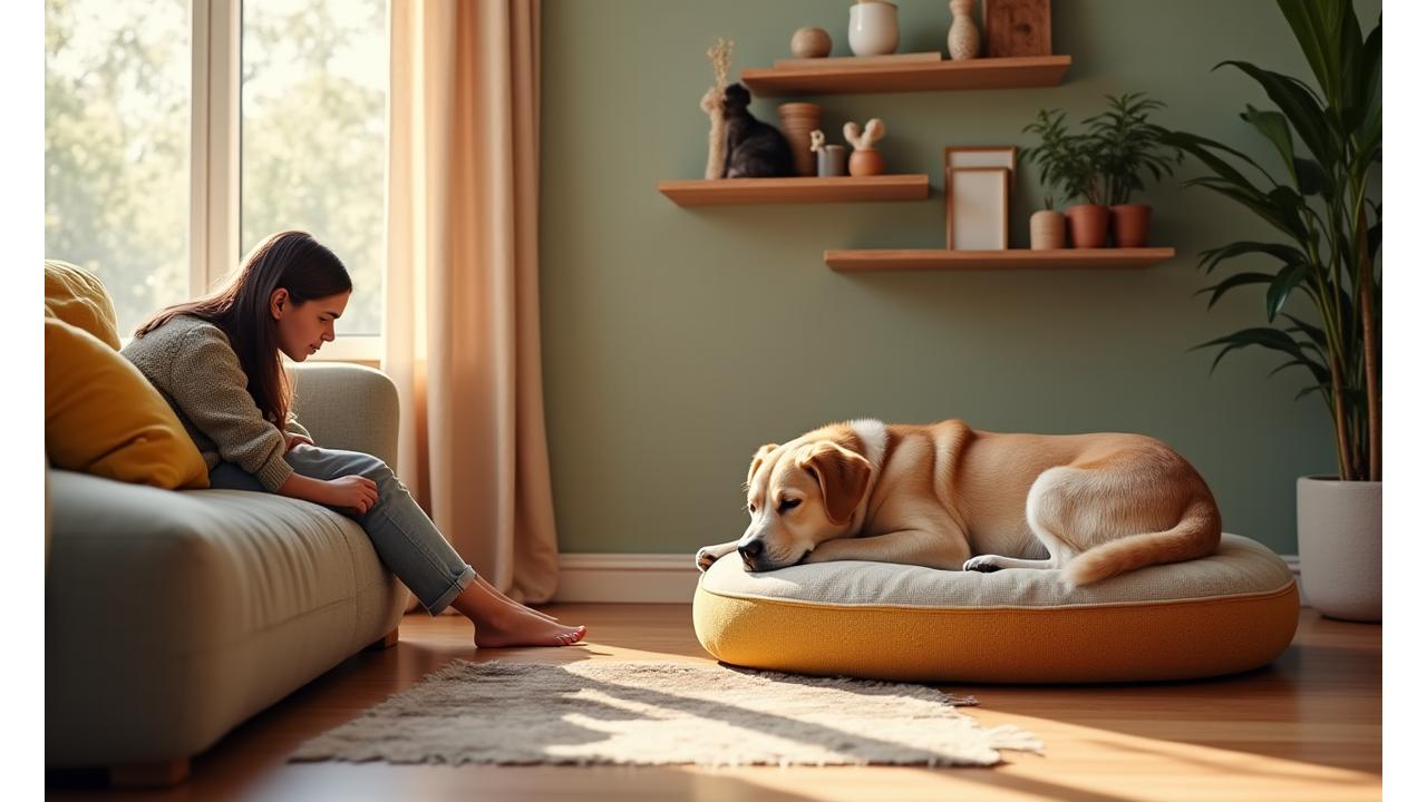 편안하게 쉬고 있는 강아지와 고양이가 있는 따뜻하고 현대적인 거실 인테리어