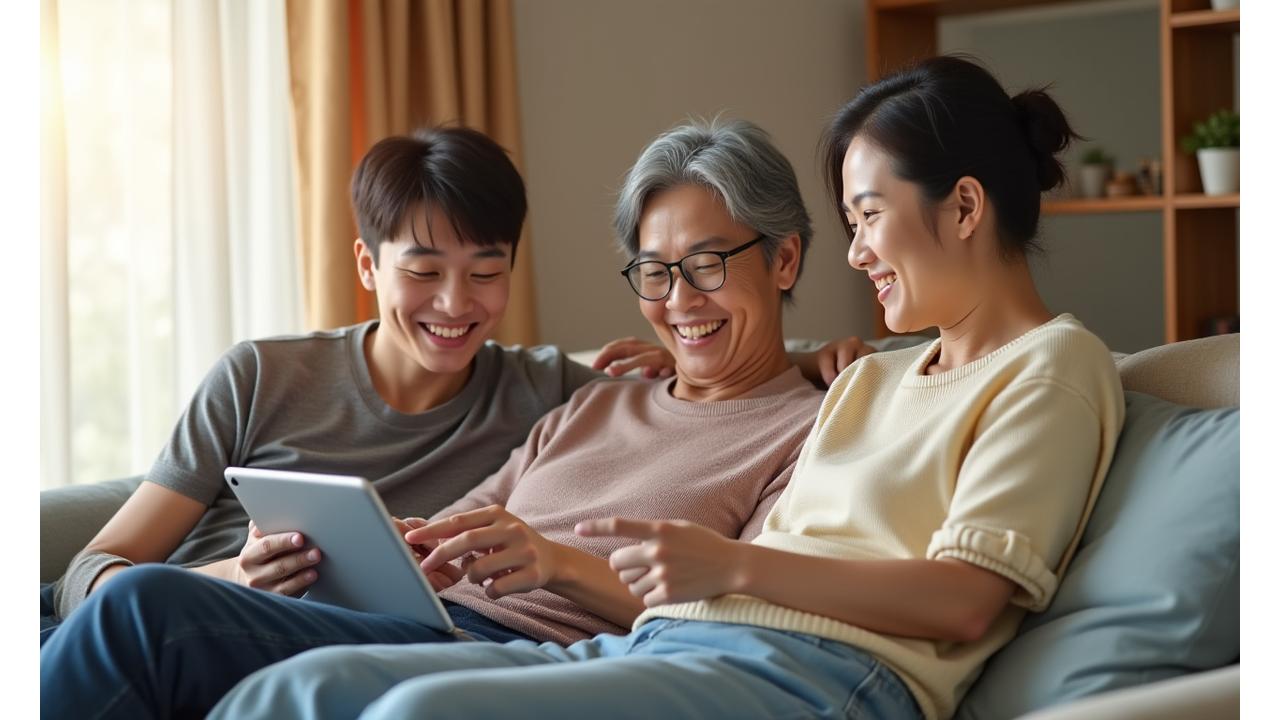 스마트폰으로 집안 모니터링 앱을 확인하며 미소 짓는 가구 구성원들