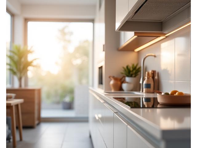 높이 조절 가능한 주방 상판과 자동 소화기가 있는 안전한 주방