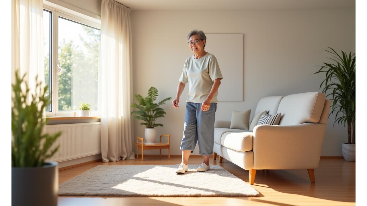 고령자가 햇살 가득한 거실에서 미끄럼 방지 매트 위를 편안하게 걷는 모습