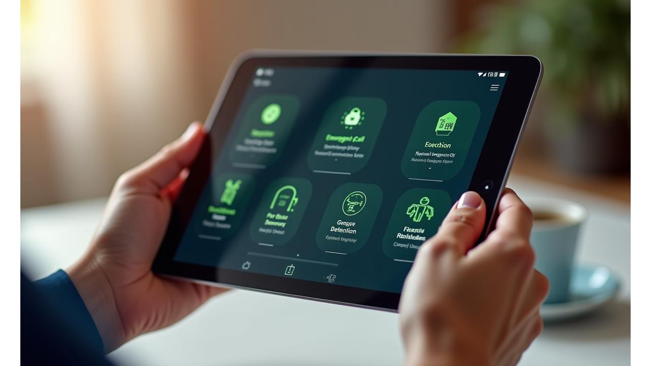 태블릿에 표시된 스마트홈 안전 시스템 대시보드 화면