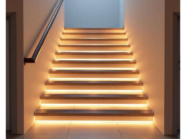 안전 조명이 설치되고 논슬립 처리된 계단