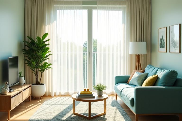 자연광이 풍부하게 들어오고 환기 시스템이 잘 갖춰진 쾌적한 소형 아파트 거실