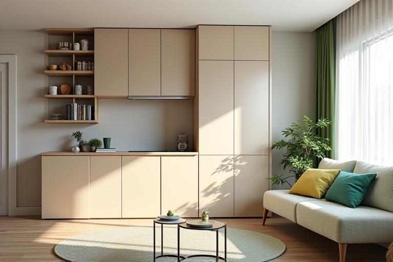 천장까지 닿는 빌트인 수직 수납장과 숨겨진 수납 공간 아이디어가 적용된 현대적인 인테리어