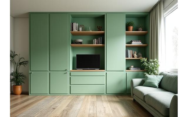 벽면 수납 시스템: 벽을 활용한 붙박이 선반, 수납장, 폴딩 데스크가 통합된 디자인