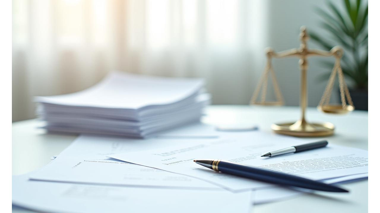 책상 위 법률 서류와 공정한 저울